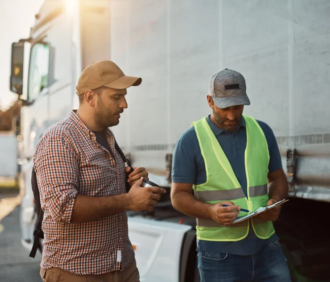 Commercial driver and fleet supervisor reviewing transportation paperwork beside a truck.